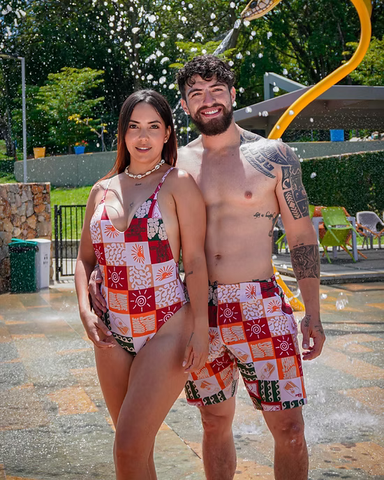 Conjunto Pareja Cuadros Playeros Vinotinto